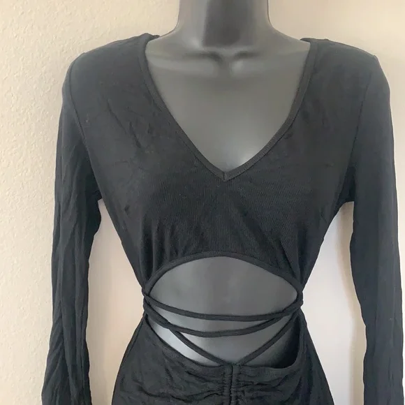 Princess Polly Noa Black Long Sleeve Ribbed Cut Out Criss Cross Tie Mini Dress - Picture 4 of 11